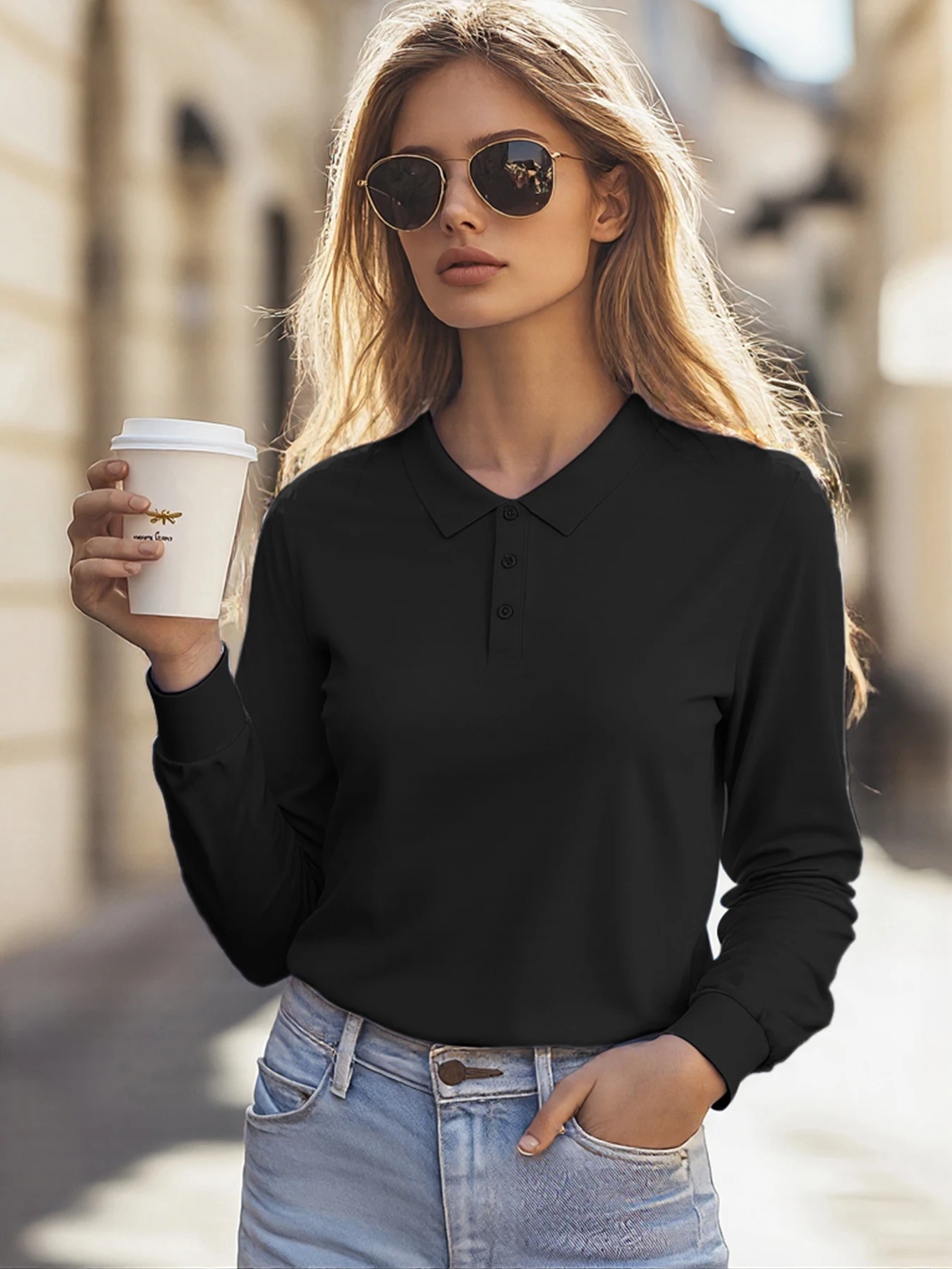 Autumn Solid Womens Clothing Work Fashion Polo Shirts Casual Golf T-Shirt Button Group Tee All-Match Turn-down Collar Workwear