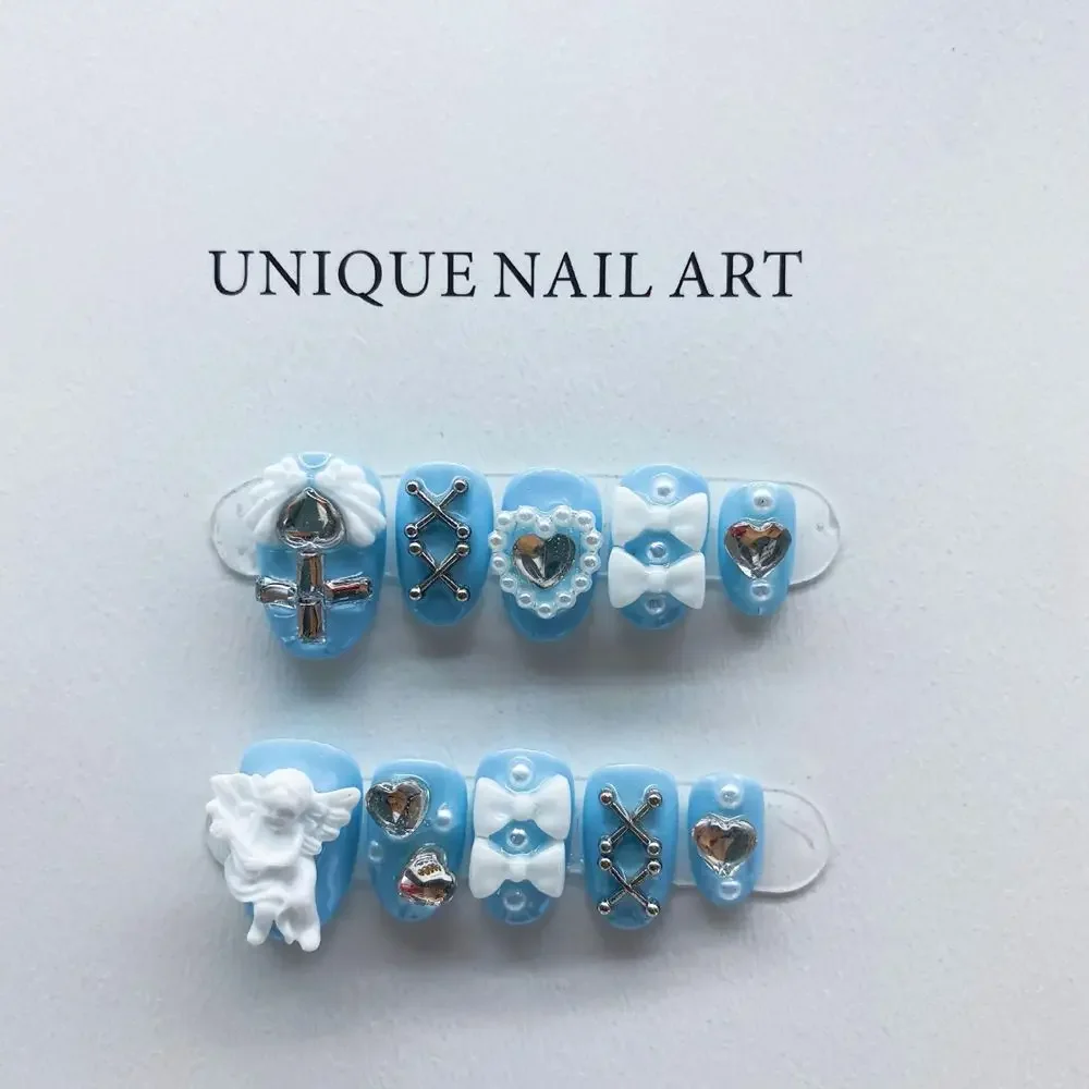 Handmade Blue and White Korean Press on Nails Coffin Medium-length Reusable Adhesive Fake Nails Artificial Charms Nail Tips