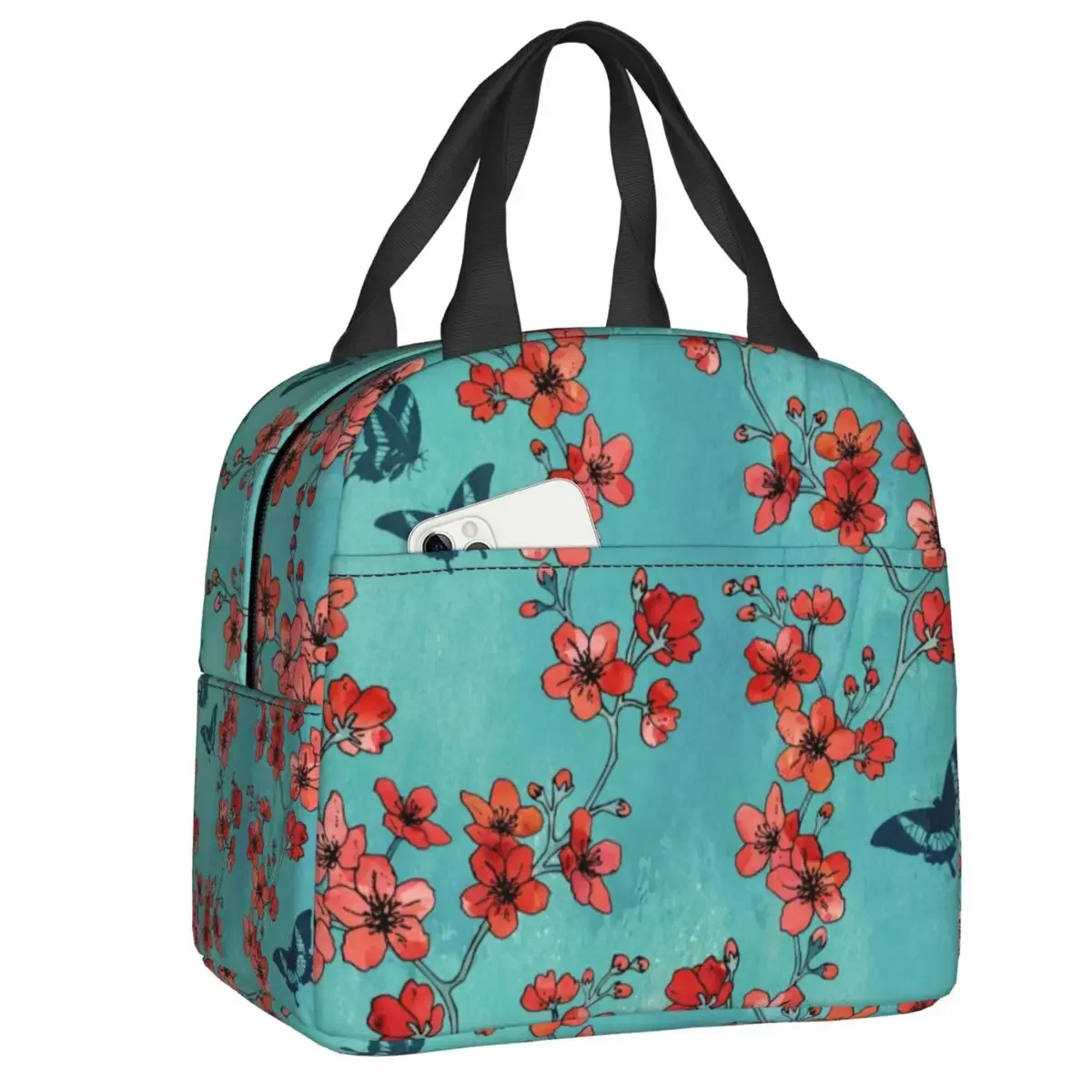 

Sakura Butterflies Insulated Lunch Bag Women Flowers Floral Cherry Blossom Lunch Tote for Work School Travel Storage Food Box