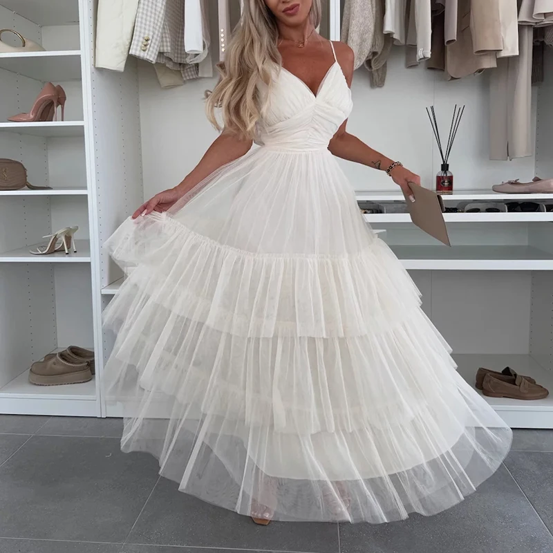 2025 칵테일 V 칼라 솔리드 파티 드레스 섹시한 스윙 높은 허리 파티 드레스 여성 우아한 메쉬 연회 프릴 갈라 드레스