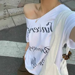 Yedinas White Off Shoulder Print T Shirt Women Clothes Short Sleeve Korean Fashion Streetwear Loose Cotton Summer Tops Y2k Tees