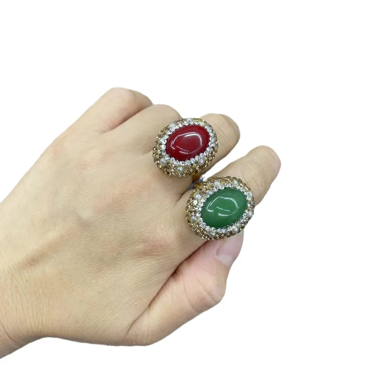 New red and green glazed inlaid small pearls exquisite three-piece jewelry vintage jewelry original design wholesale