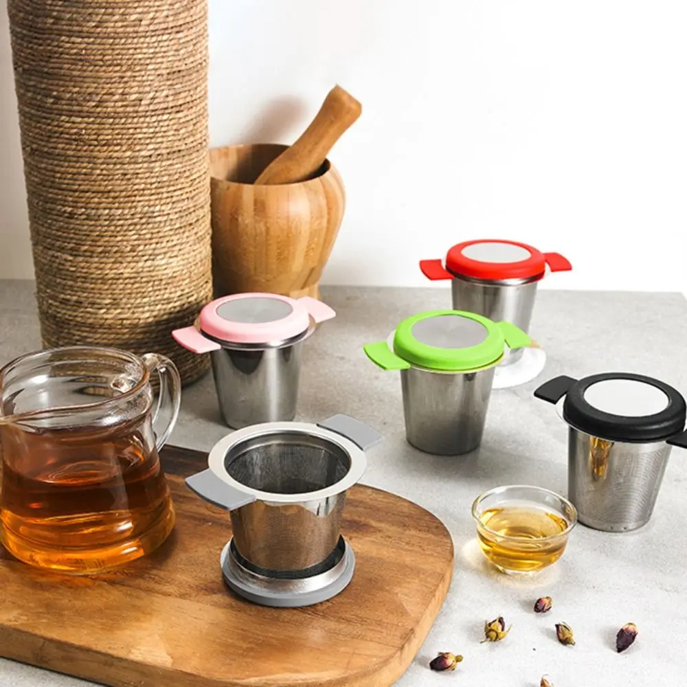 Infusor de té de acero inoxidable con tapa, colador de taza de malla reutilizable, filtro de especias de hojas sueltas para teteras, tazas, taza para empinar té y café