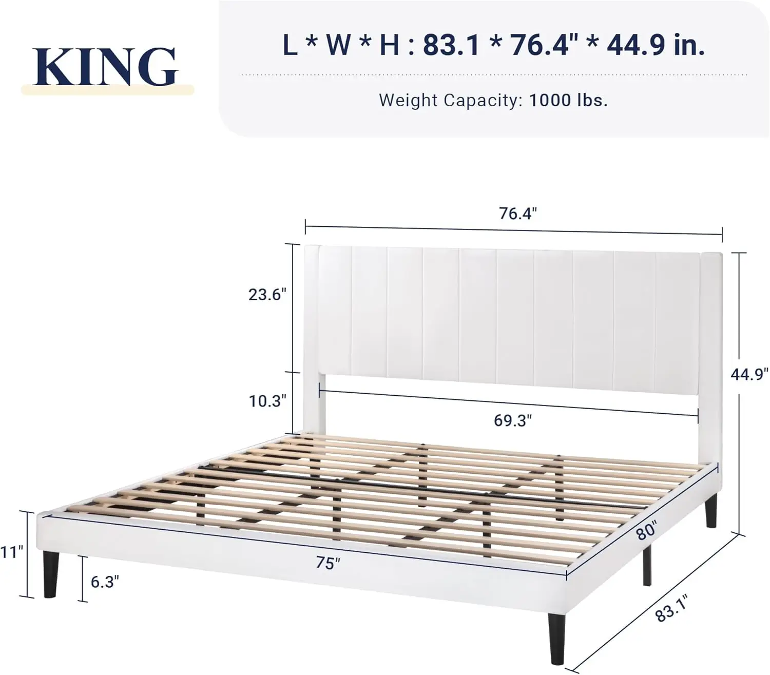 Allewie King Velvet Upholstered Bed Frame Vertical Channel Tufted Headboard Strong Wooden Slats Platform Easy Assembly White