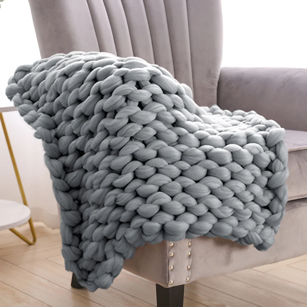 Warm Chunky Wool Yarn Knitted Thick Blanket, Grey 60x60CM