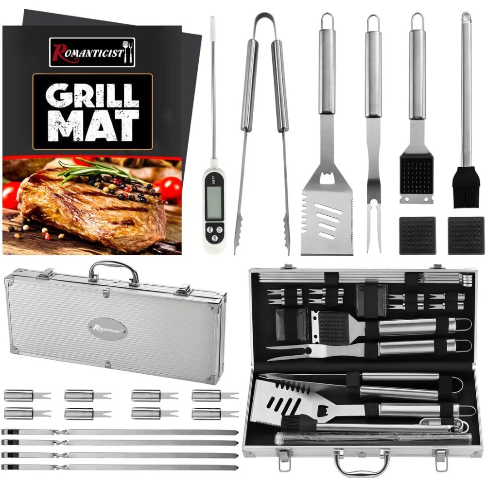 

ROMANTICIST, 23 предмета, обязательный набор аксессуаров для гриля-барбекю с термометром в футляре — набор инструментов для барбекю из нержавеющей стали с 2 грилями