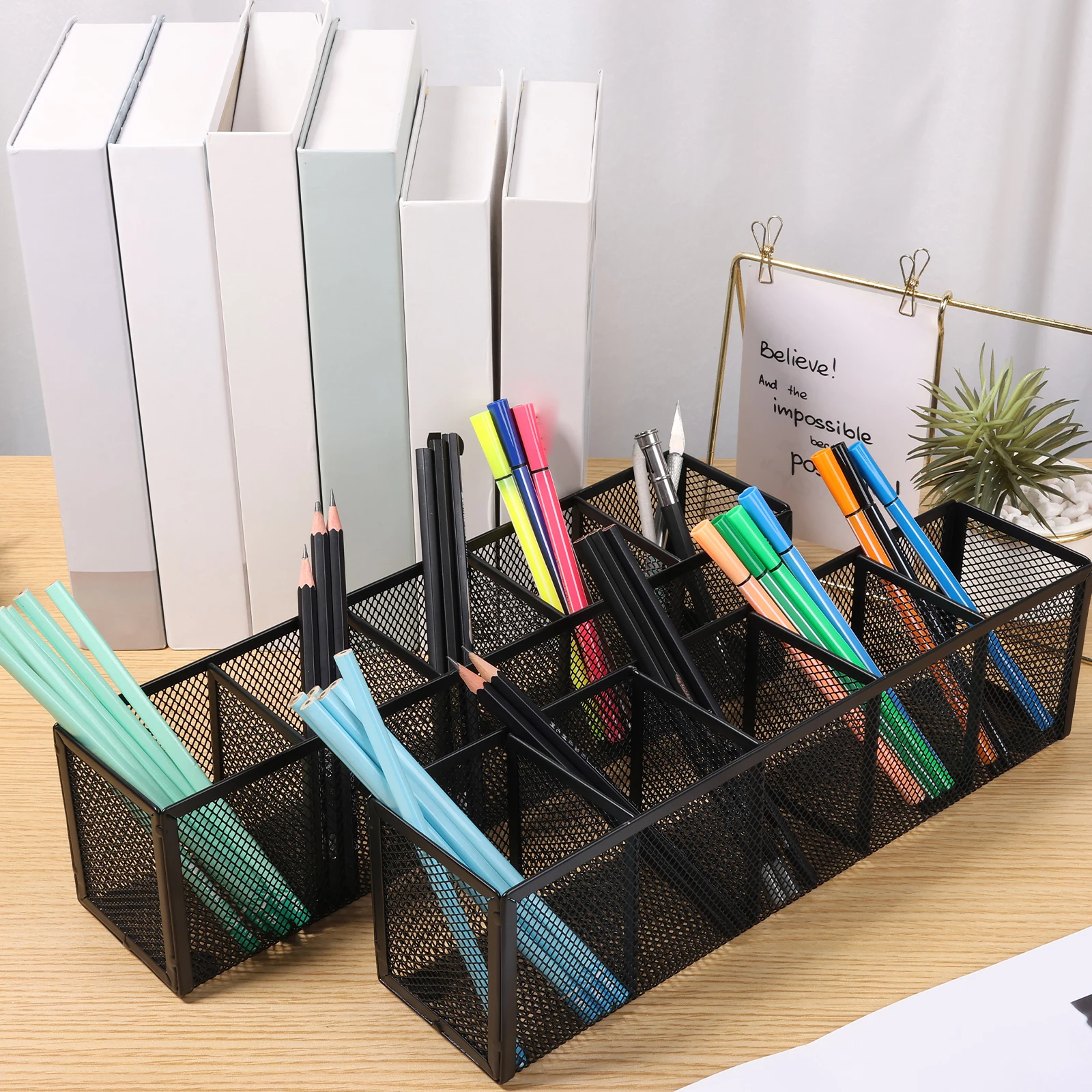 

2 Pcs Mesh Pen Pencil Holder Metal with 5 Compartments Large Capacity Desktop Office Supplies Student Stationery Storage Box