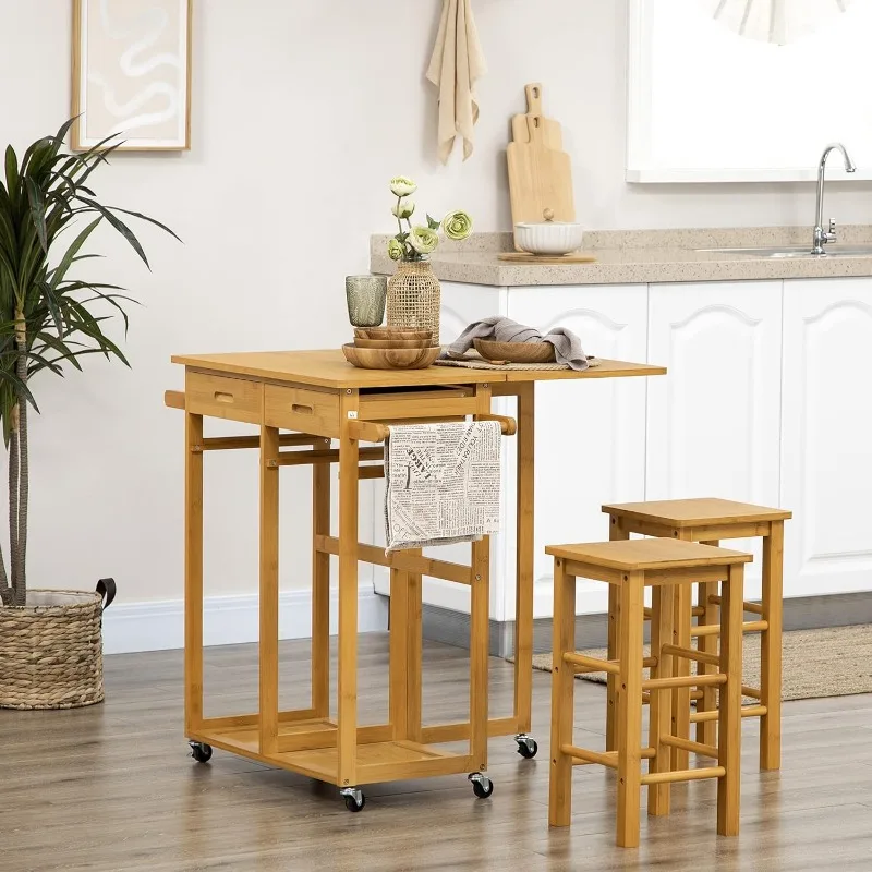 Foldable Dining Table Set with 2 Square Stools and 2 Drawers, Bamboo Drop Leaf Breakfast Cart, Mobile Kitchen