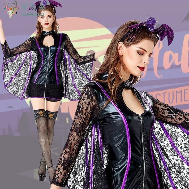 

Halloween Costume Bat Queen Lace Wings Patent Leather Costume Role-playing Prom Party Bar Performance Suit Cosplay Fancy Costume