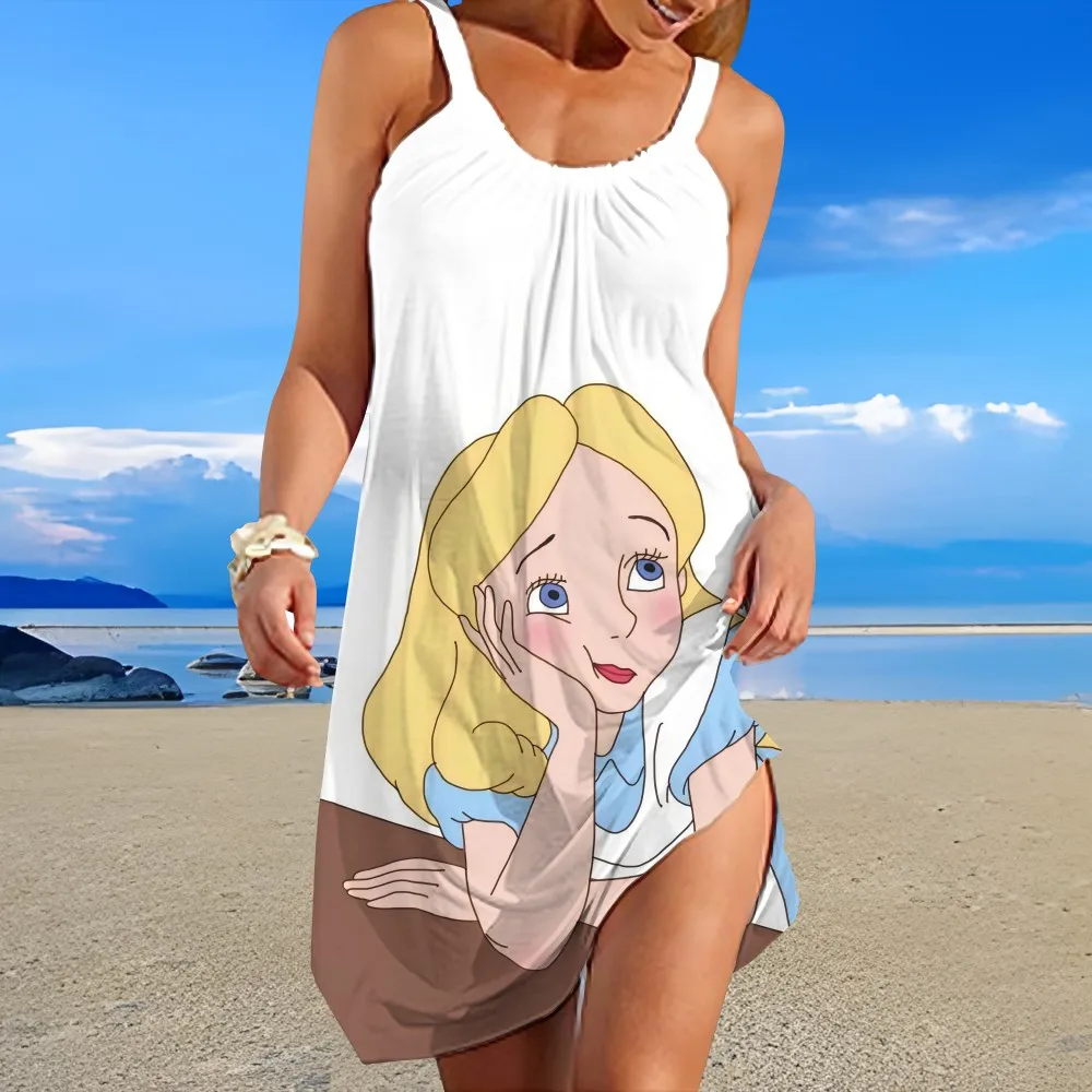 

Disney Princess Pattern Printed Women's Elegant Knee-length Suspender Dress Comfortable Loose Round Neck Sleeveless Beach Dress