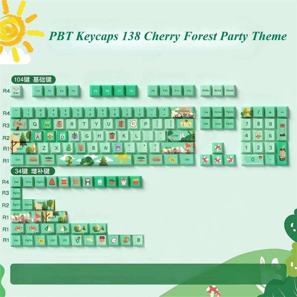 PBT Keycaps 138/158 Keys, Cherry, Forest Party Theme, Personalized Keycaps, For Cherry MX 104/87/61 Mechanical Keyboard