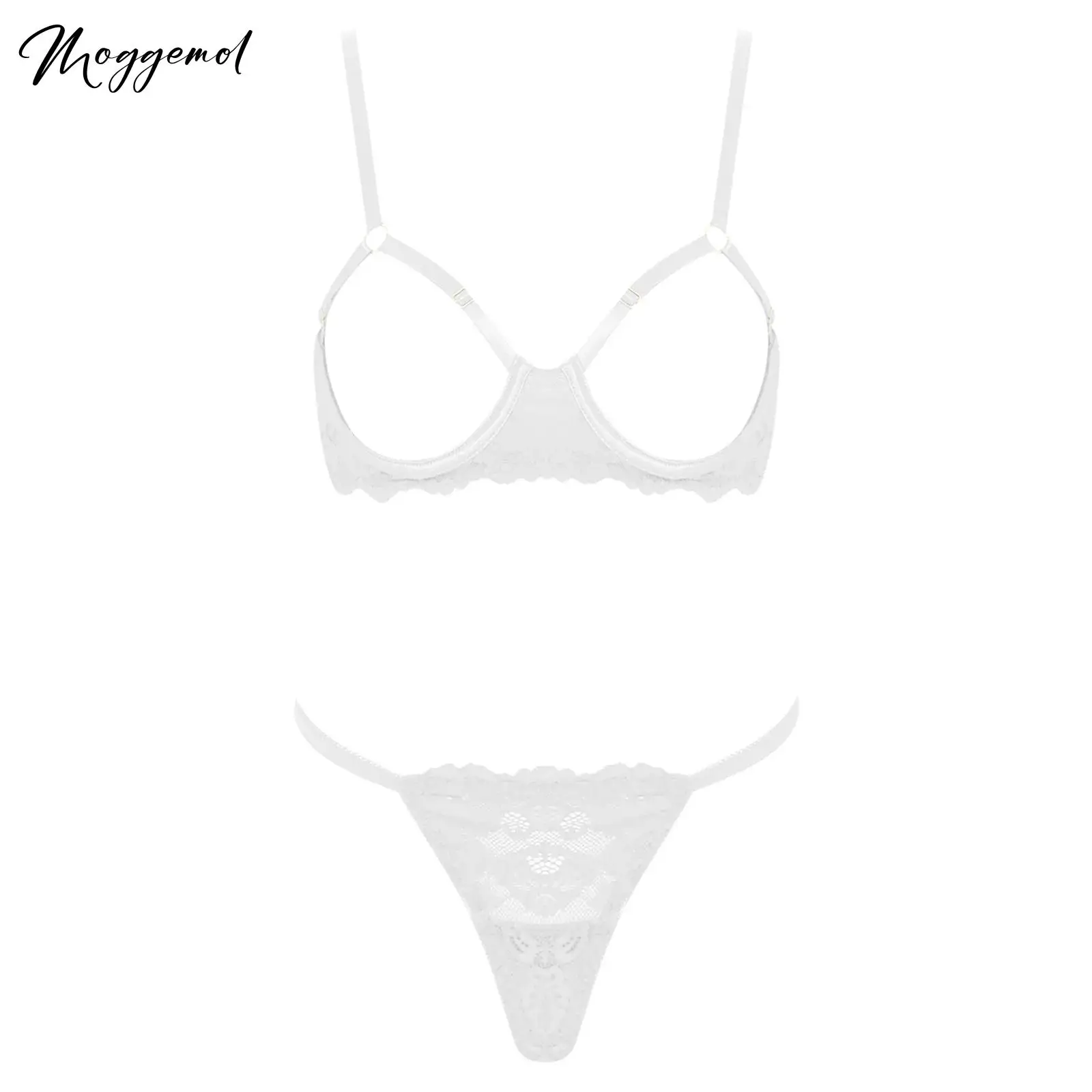 

Womens Sexy Floral Lace Lingerie Set Opening Cup Underwire Push Up Bra Tops with Mini T-back Thong Nightwear for Honeymoon Date