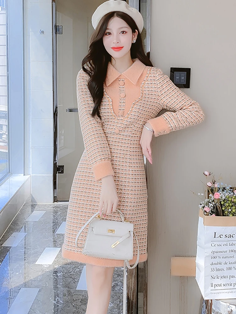 Autumn Winter Plaid Woolen Thick Warm Midi Dress Women Elegant Casual Home Dress 2024 Korean Fashion Bodycon Birthday Dress Prom