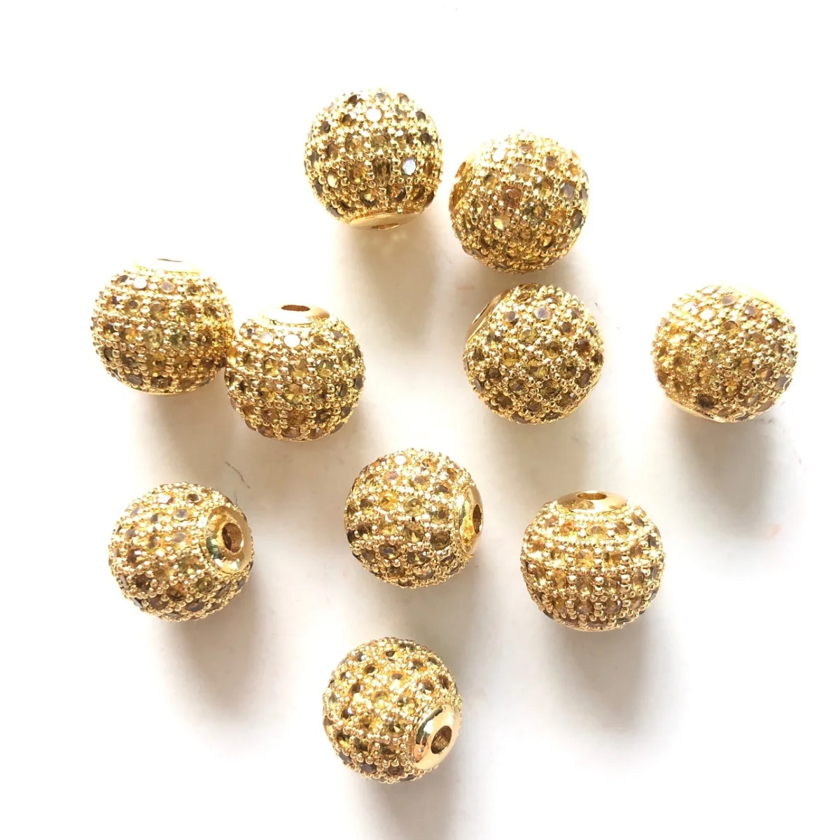 10pcs 10mm Yellow Cubic Zirconia Disco Ball Beads for Bracelet Making Micro Pave Brass Spacers Necklaces Waist Jewelry Finding