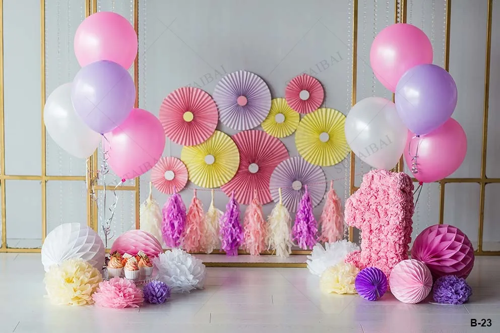 Birthday Photography Backdrops 1st Baby Shower Purple and Pink Balloon Ear Hanging Background Newborn Fiower Studio Photocalls