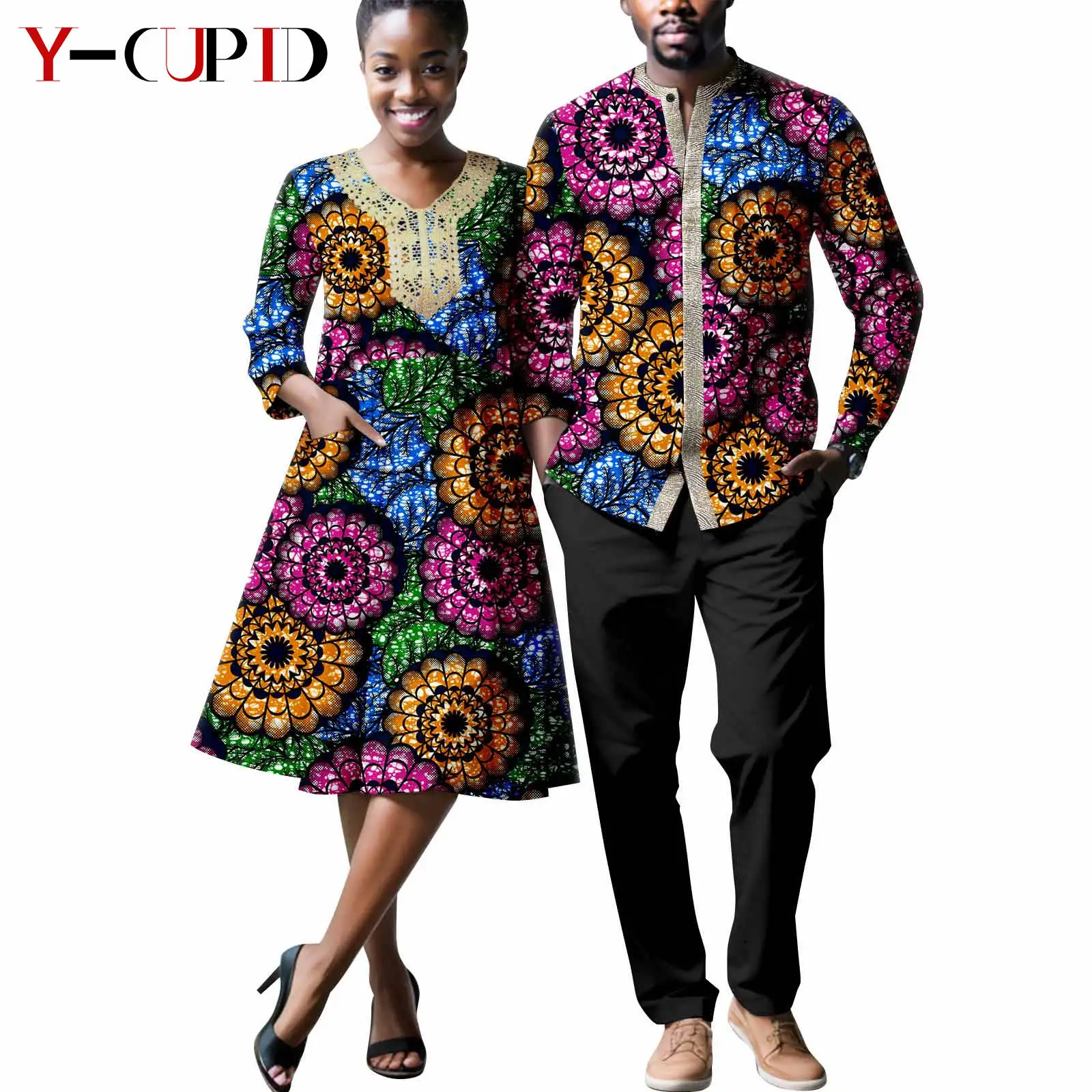 

African Matching Outfit for Couples Dashiki Women Appliques Print Dresses Bazin Riche Men Ankara Top Shirt and Pant Sets 24C6001