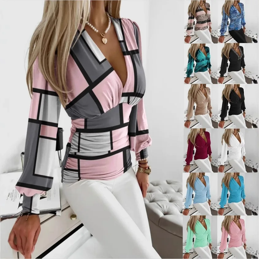 

Deep V Geometric Printed Top Women Sexy Tight Fitting Pleated T-Shirt Lady Spring Long Sleeved Blouse