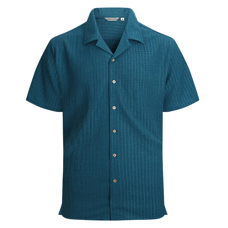 Sommer Herren Jacquard Kurzarmhemden Amerikanischer Stil Mode Urlaub Strandkleidung Knopfleiste Kubanischer Kragen Hemd für Männer
