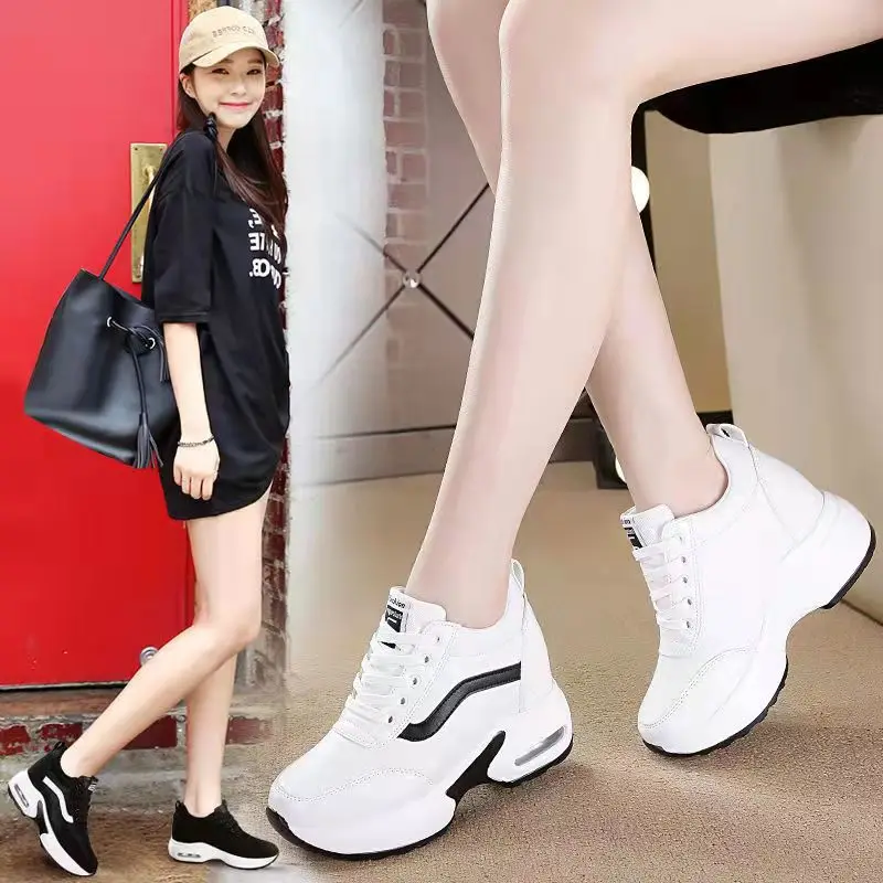 2024 Women Spring Casual Platform Shoes Fashion High Heels  Wedges Sneakers Shoes 8 CM Heigh Increasing Outdoor White Shoes