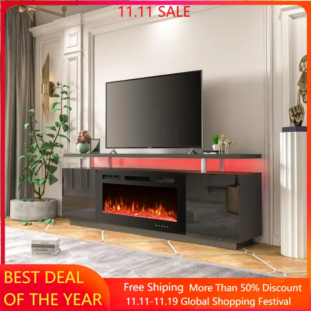 70'' Fireplace TV Stand with 36'' Electric Fireplace, 12 Flame Fireplace Insert Heater and 16 Color Led Lights, TV Console