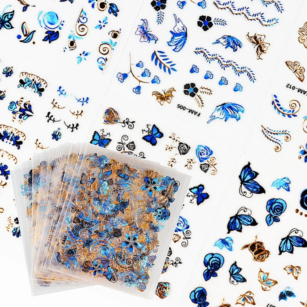 

30pcs Set Blue Gold 3d Nail Art Sticker Mixed Designs Self Adhesive Flower Nail Decals Nail Press On Nails DIY Manicure Supplies