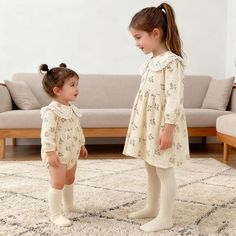 

2026 New Spring Children Clothes 0-6Yrs Girl Party Dress Long Sleeved Cotton Print Baby Romper Kid Princess Round Neck Dress