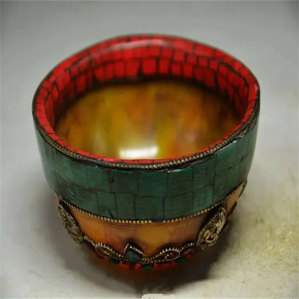 

TIBET BUDDHISM RELIGION RED CORAL TURQUOISE BEESWAX BUDDHA BEAD OFFERING BOWL