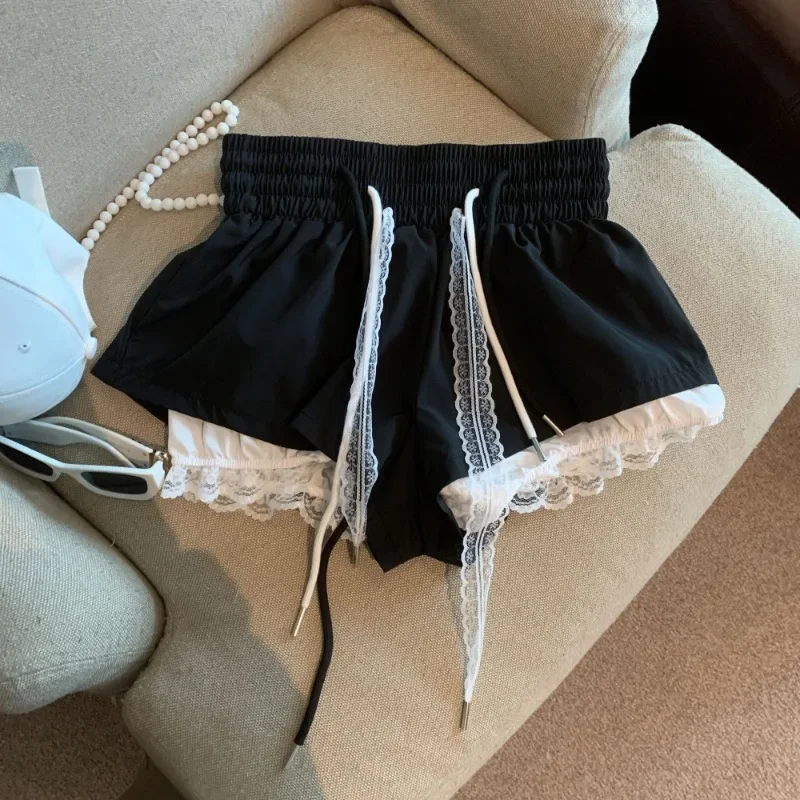 Duas peças rendas retalhos saias shorts y2k cintura alta doce lanterna shorts para as mulheres 2025 verão novas calças curtas casuais