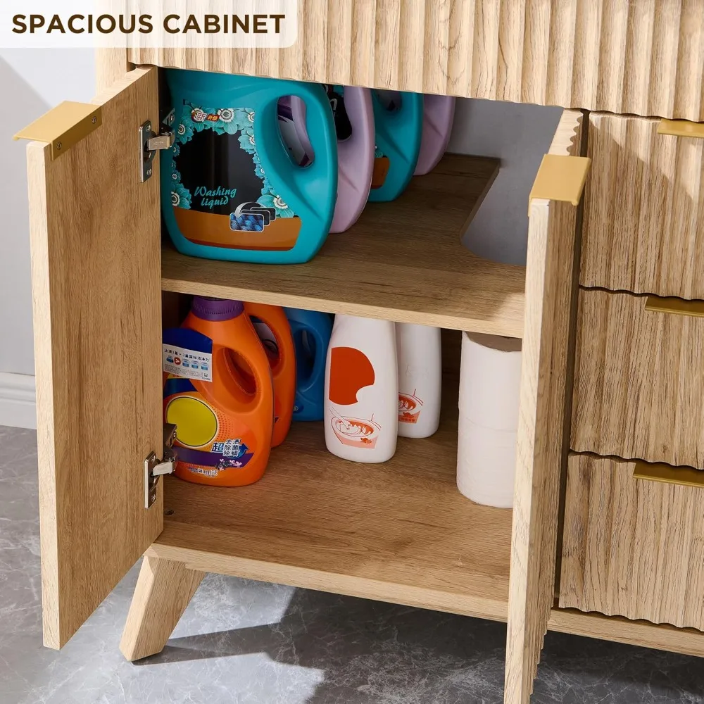 30" moderner freistehender Badezimmer-Waschtisch mit Keramikwaschbecken, sanft schließenden Türen und Schubladen, Holzmaserung-Eichen-Finish