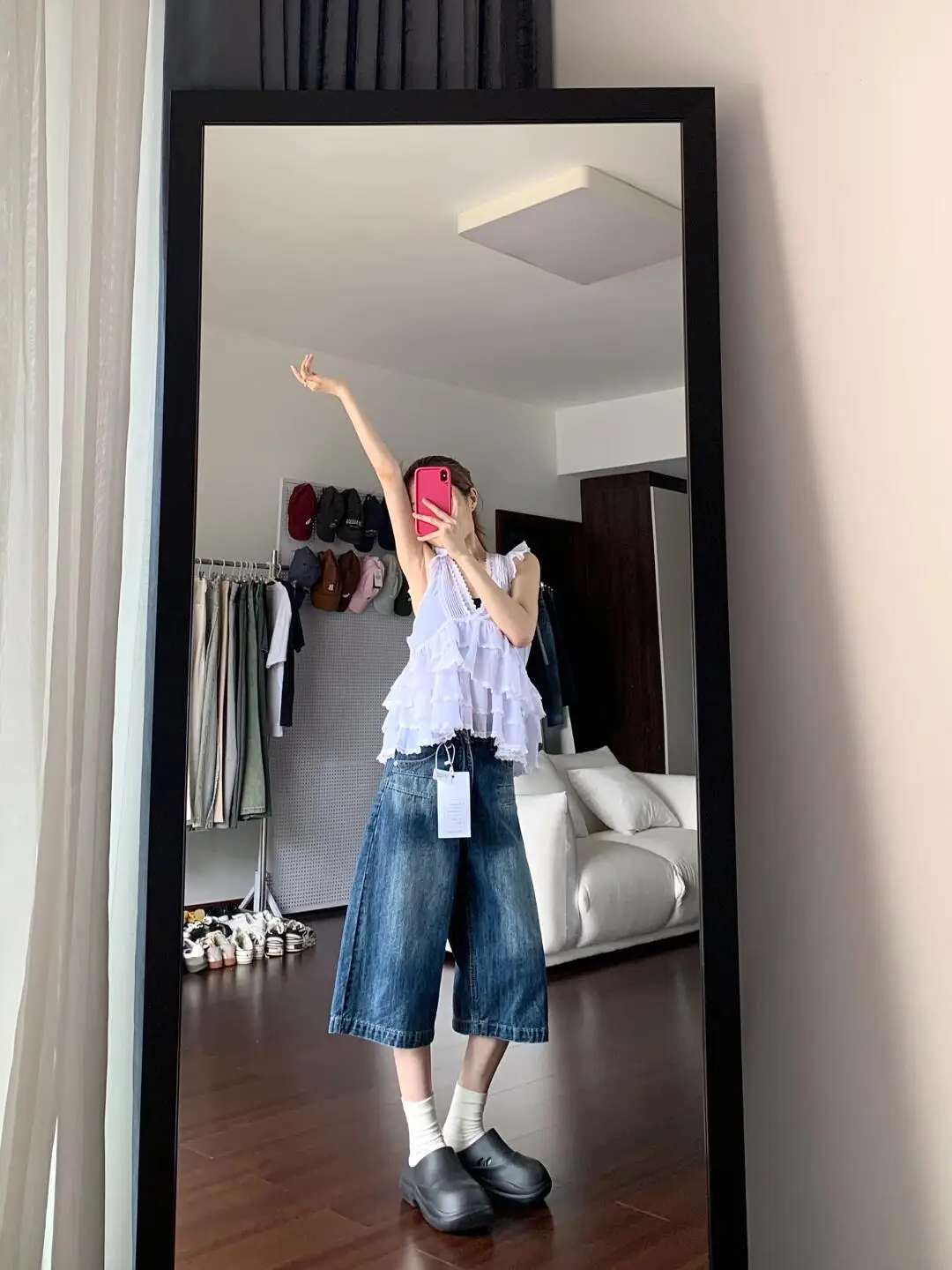 Pantalones cortos de mezclilla de cintura alta y corte holgado para mujer, estilo nuevo de verano, pantalones de pierna ancha con corte en A, pantalones capri, jeans casuales de longitud media.