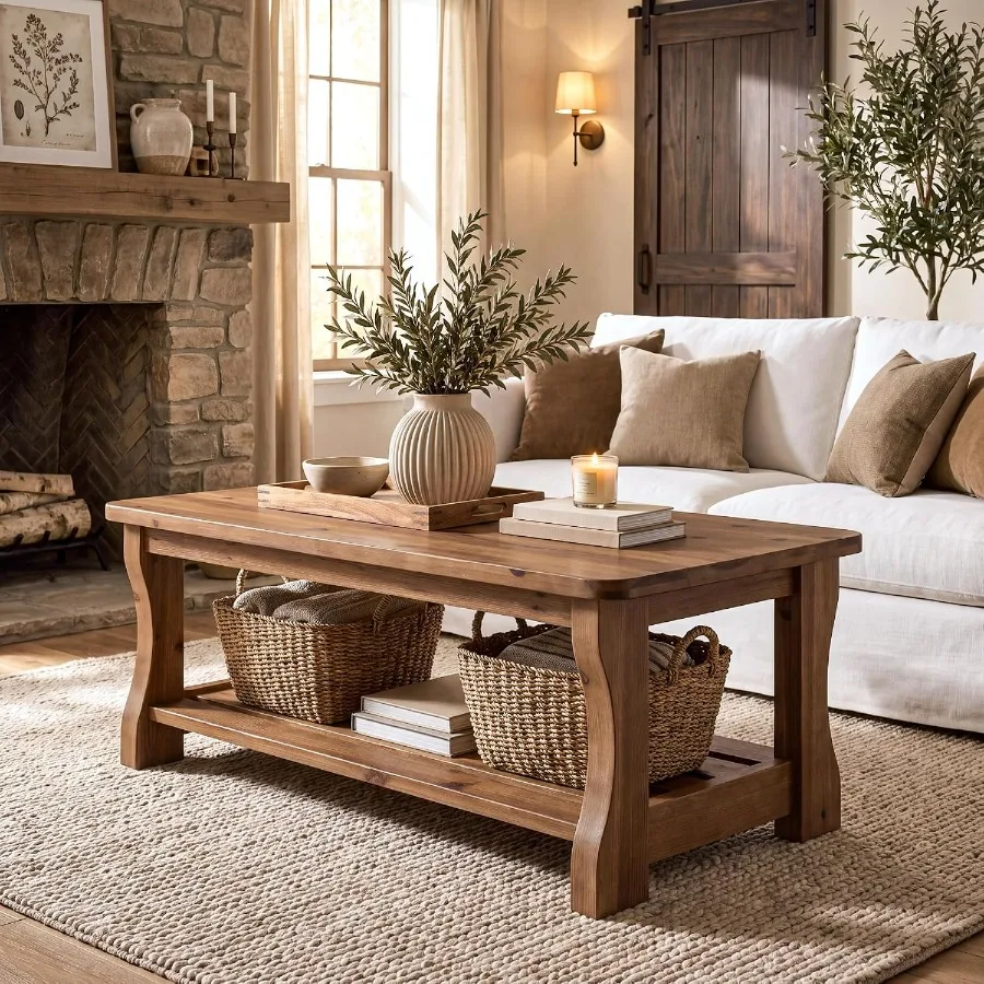 47 Solid Wood Coffee Table for Living Room, Natural Brown Rectangle Center Table with 2-Tier Storage Shelf, Modern Farmhouse St