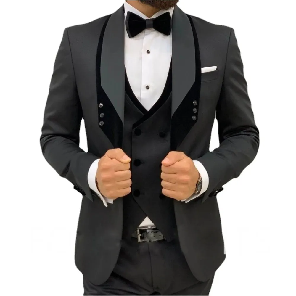 

Black Tuxedos Men Suit 3 Pieces Set Wedding Groom Best Men Elegant Suits Blazer Double Breasted Vest Slim Fit Pants Tailor Made