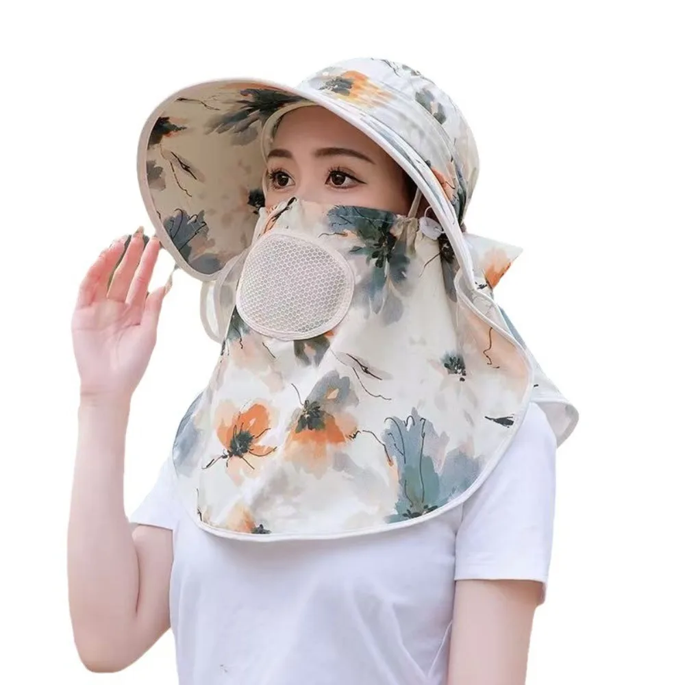 

New Wide Brim Beach Cap Face Neck Protection Fashion Flower Bucket Hat Breathable Anti-UV Fisherman Hat Outdoor Sports