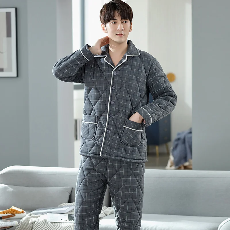 Quilted Men's Winter Pajamas Thick 3-layer Cotton Warm Pajama Sets Casual Plaid Pijama Home Wear Cozy Soft Keep Warm Loungewear