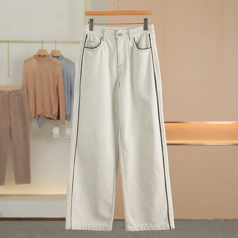 

Простые джинсы из денима с эффектом выцветания и вставками из ПУ, с цветовыми блоками, матовые, хлопковые, женские, повседневные, прямого кроя, для осени и зимы