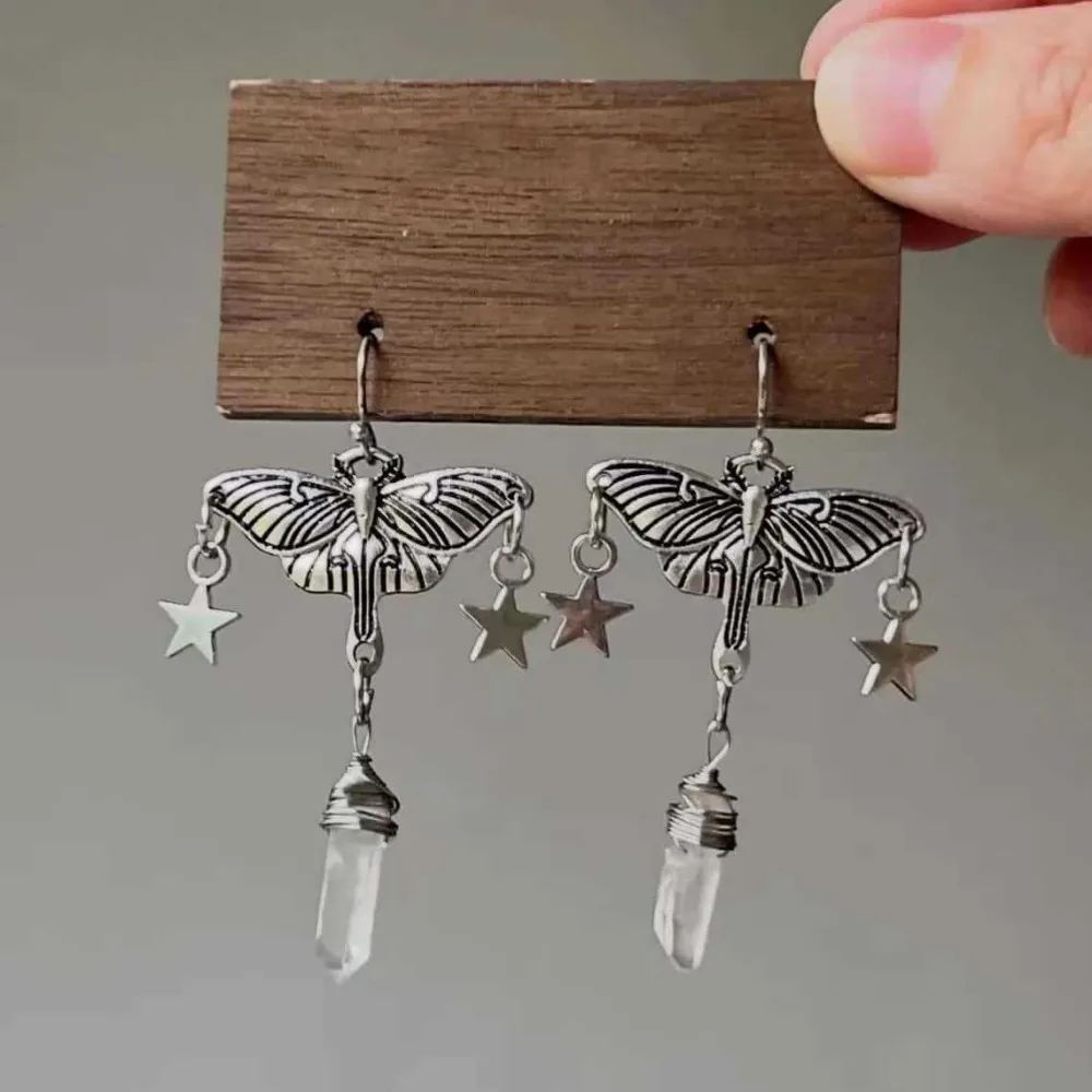 White Crystal Pendant Silver Color Star Tassel Carved Moth Dangle Earrings for Women Gothic Witchcraft Style Aesthetics Jewelry