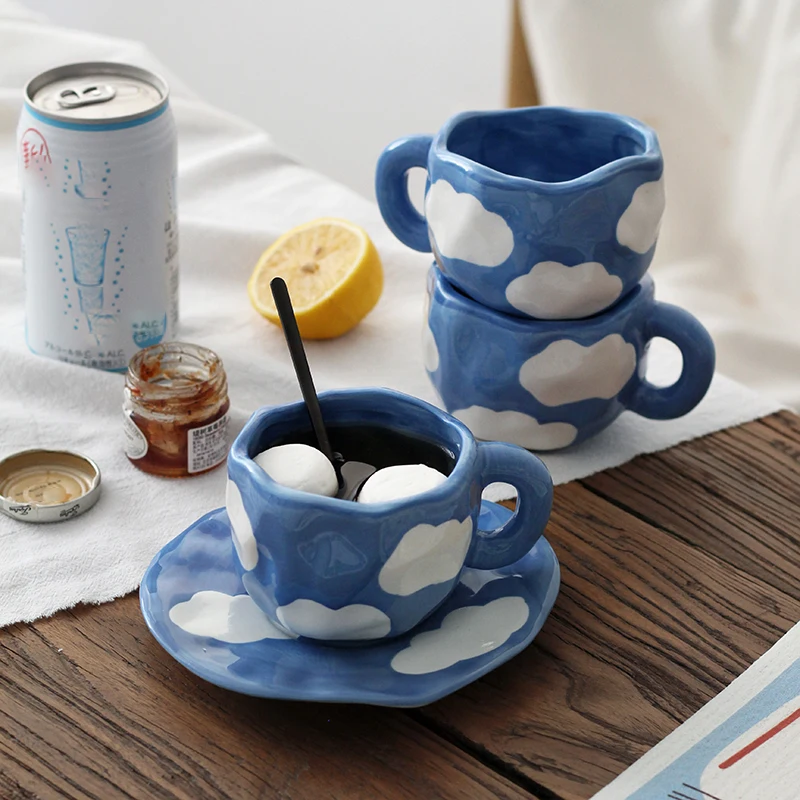 

Creative Irregular Mug Saucer Set with Handle, Ceramic Coffee Cup, Milk Cup, Delicate Afternoon Tea Plate Set, Cute Gift