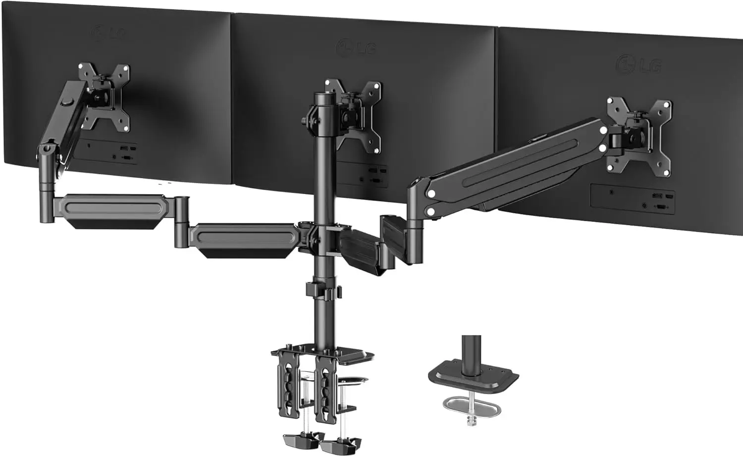 Triple Monitor Mount for 17-32 inch Screens, Gas Spring Adjustment, Clamp & Grommet, Black