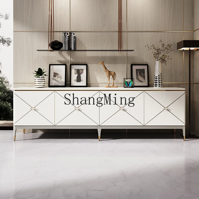 

FG light luxury TV cabinet ivory white piano paint villa living room storage solid wood floor cabinet