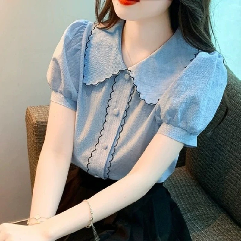 Sweet Lace Peter Pan Collar Blouse Shirts Women 2026 New Summer Single Breasted Short Sleeve Ladies Tops Vintage Plaid Blusas