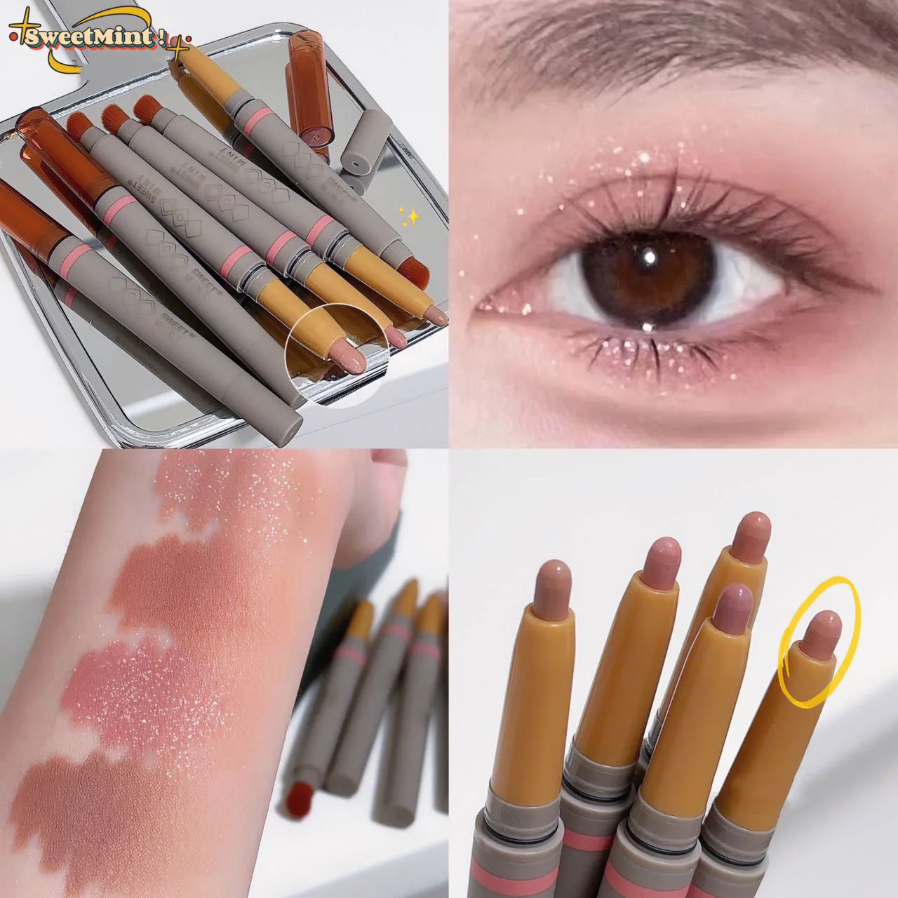 Double Ended Silky Matte Eye Shadow Stick Rose Brown Glitter Nude Eyeshadow Pen With Eye Shadow Halo Dye Brush 2 in 1