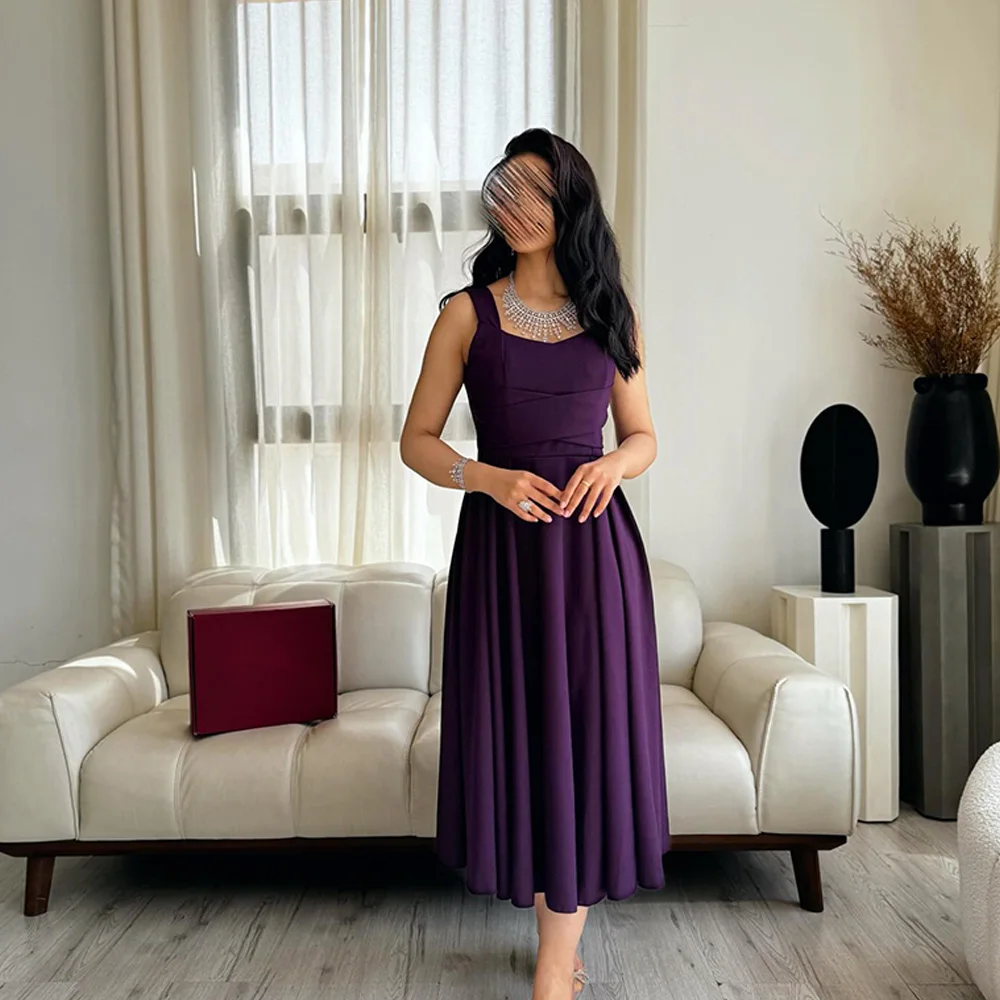 Square Neck Sleeveless Straight Ruffles Jersey Tea Length Zipper Back Pleats Solid Color Elegant Evening Dress Custom Size 2024