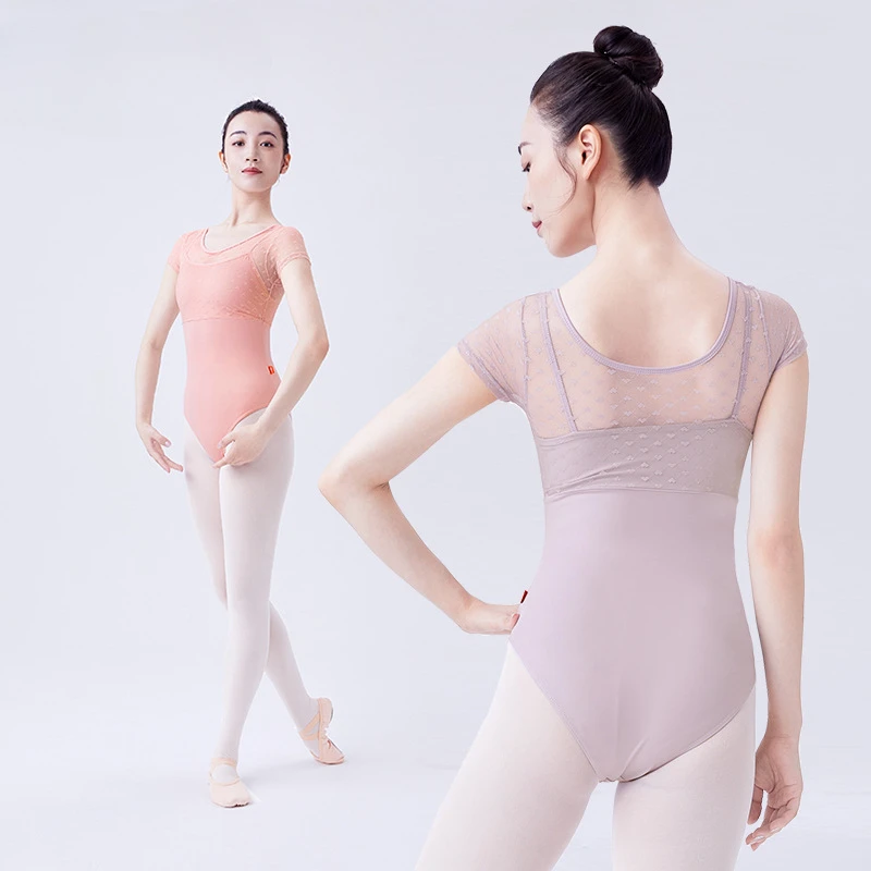 Disfraz de baile de Ballet para mujer, mono de retazos de encaje de manga corta, traje de cuerpo de ejercicio elegante para adultos