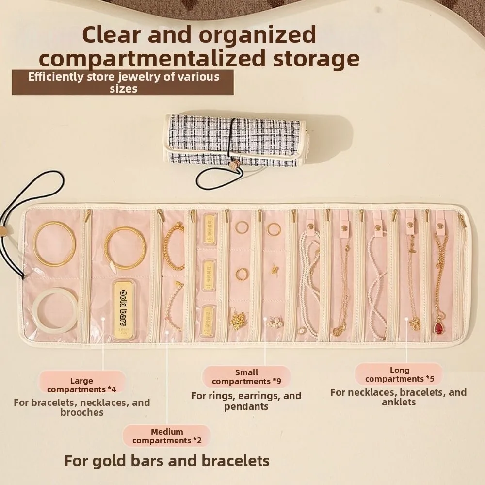 

Foldable Travel Jewelry Storage Box Roll Style Zipper Closure Jewelry Case Organizer Multi-layer Jewelry Storage Bag