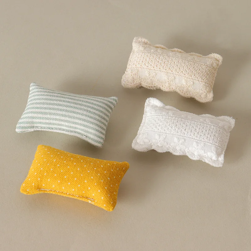 

Miniature Dollhouse Throw Pillow Set, Handmade Fabric Cushions with Striped & Lace Patterns, Tiny Bedroom Decor Accessories