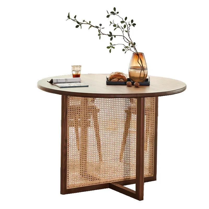 rattan woven round, modern and minimalist homestay , Nordic solid wood dining table, household small unit and chair combination