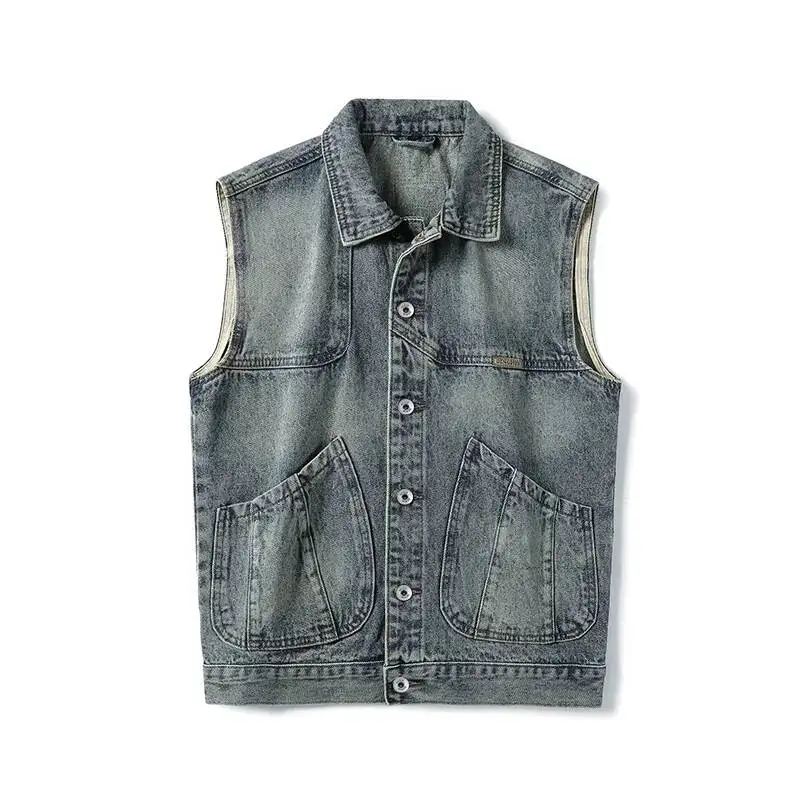 

High-End American Casual Denim Jacket Men's Street Style Retro Loose Vest Large Size Workwear Top Trendy