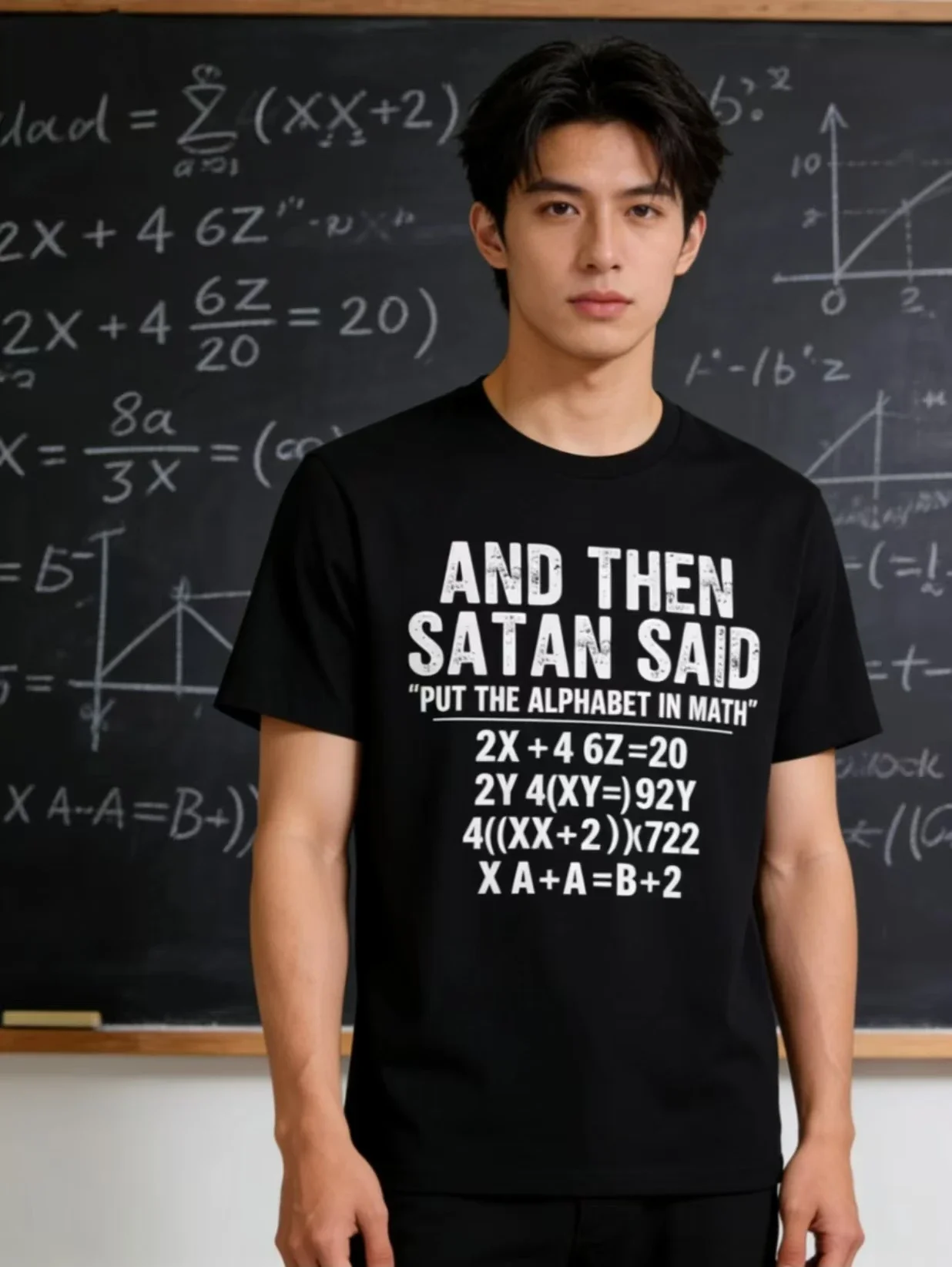 Camiseta engraçada com piada sobre matemática e a frase “Então o Satanás disse: Coloque o alfabeto nas equações de álgebra matemática”, modelo solto, unissex, casual.