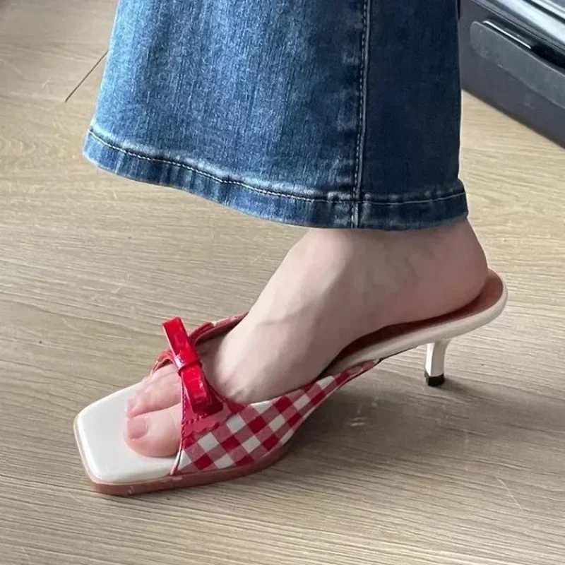 Design Shoes Retro Plaid Bow Sandals Kitten Heels French Style Peep Toe Shoes Mixed Color Sweet and Cute Women\'s Vocation Shoes