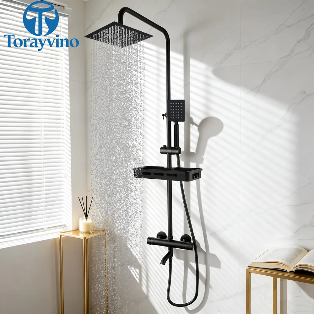 

Torayvino Black outdoor luxury Shower Set Bathroom 38 Degree Thermostat Faucet Rainfall Mixer Tap Rainfall Shower System column